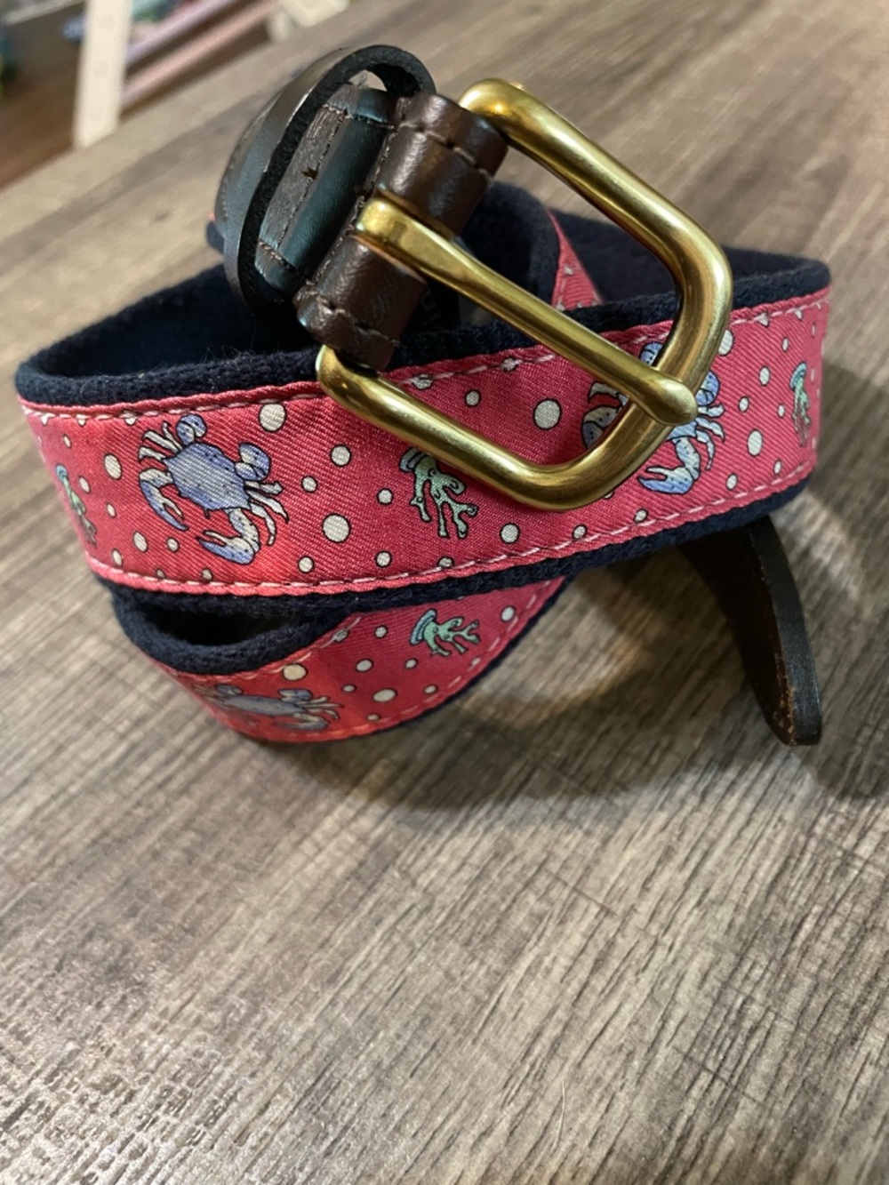 Vineyard Vines Coral Crab Print Canvas Belt with Brass Buckle